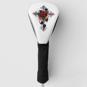 Silver Cross with a Red Rose Golf Head Cover