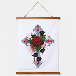 Silver Cross with a Red Rose Hanging Tapestry