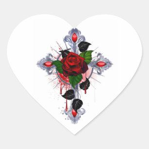 Silver Cross with a Red Rose Heart Sticker