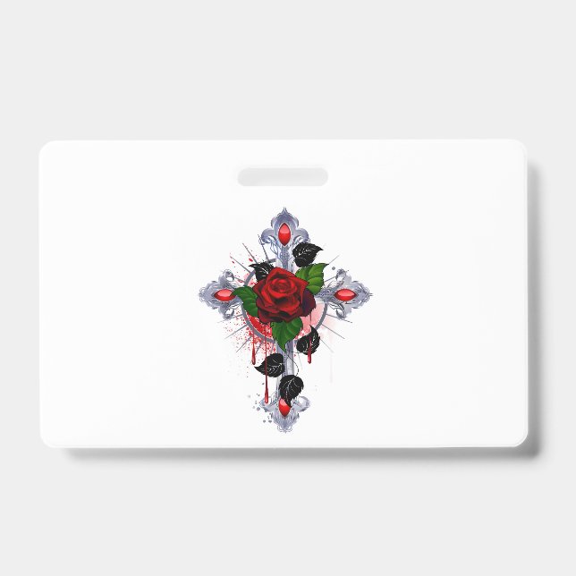 Silver Cross with a Red Rose ID Badge (Front)