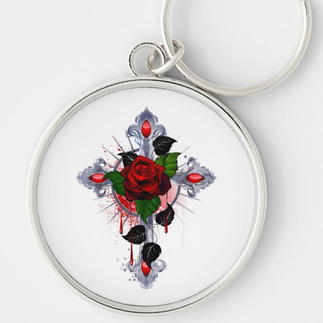 Silver Cross with a Red Rose Key Ring (Front)