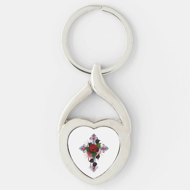 Silver Cross with a Red Rose Key Ring (Front)
