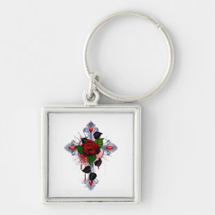 Silver Cross with a Red Rose Key Ring