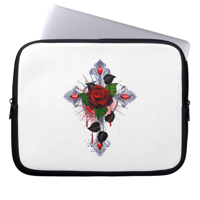 Silver Cross with a Red Rose Laptop Sleeve (Front)