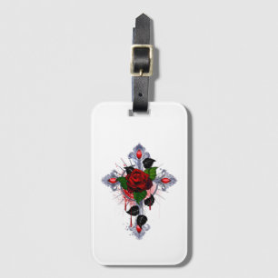 Silver Cross with a Red Rose Luggage Tag