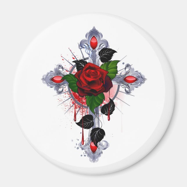 Silver Cross with a Red Rose Magnet (Front)