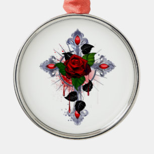 Silver Cross with a Red Rose Metal Tree Decoration