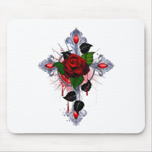 Silver Cross with a Red Rose Mouse Mat