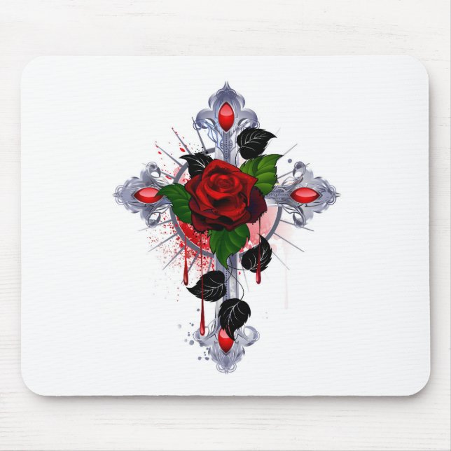 Silver Cross with a Red Rose Mouse Mat (Front)