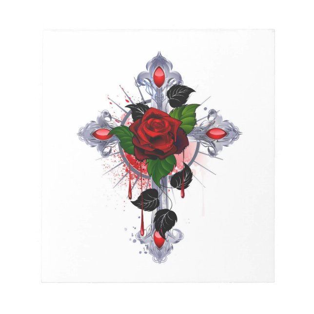 Silver Cross with a Red Rose Notepad (Front)