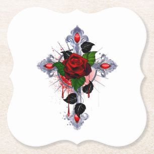 Silver Cross with a Red Rose Paper Coaster