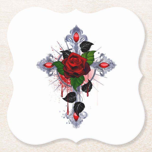 Silver Cross with a Red Rose Paper Coaster (Front)