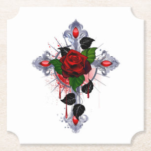 Silver Cross with a Red Rose Paper Coaster