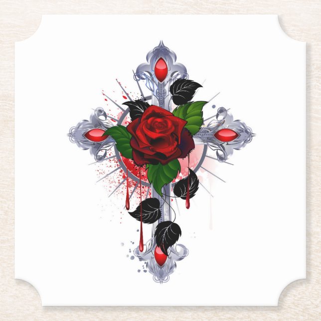 Silver Cross with a Red Rose Paper Coaster (Front)