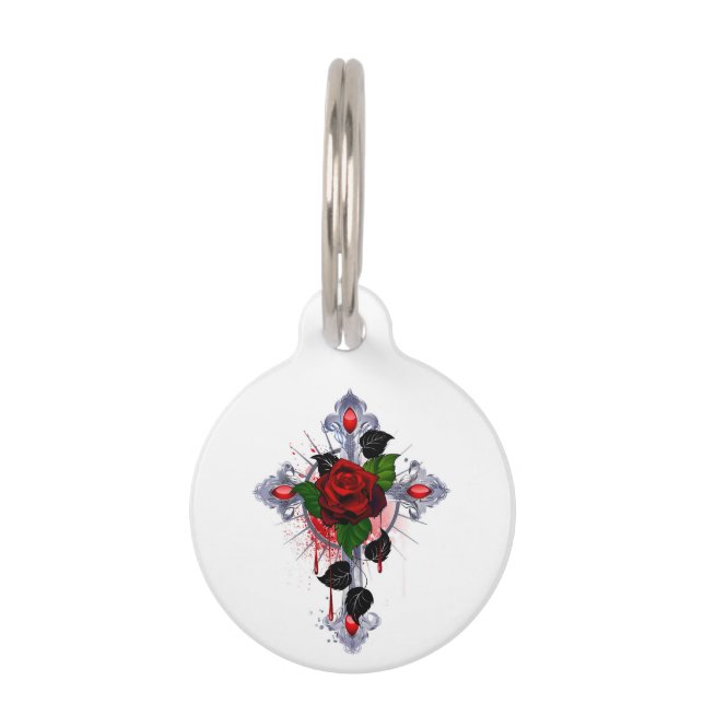 Silver Cross with a Red Rose Pet Tag (Front)