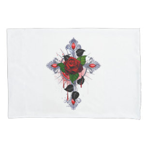 Silver Cross with a Red Rose Pillowcase