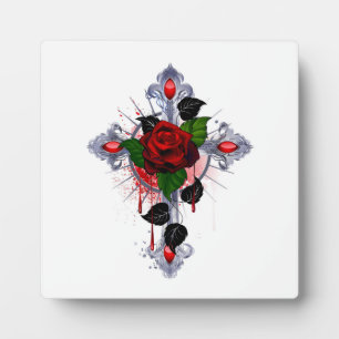 Silver Cross with a Red Rose Plaque