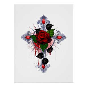 Silver Cross with a Red Rose Poster