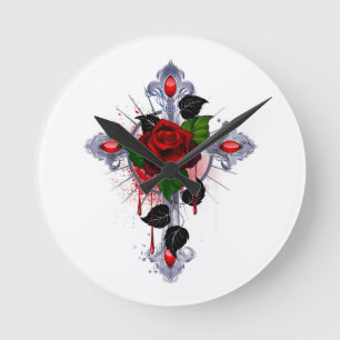 Silver Cross with a Red Rose Round Clock