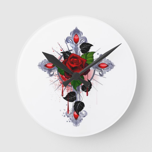 Silver Cross with a Red Rose Round Clock (Front)