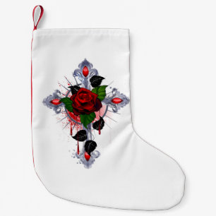 Silver Cross with a Red Rose Small Christmas Stocking