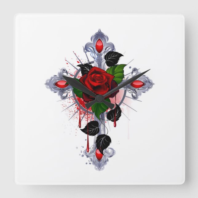 Silver Cross with a Red Rose Square Wall Clock (Front)