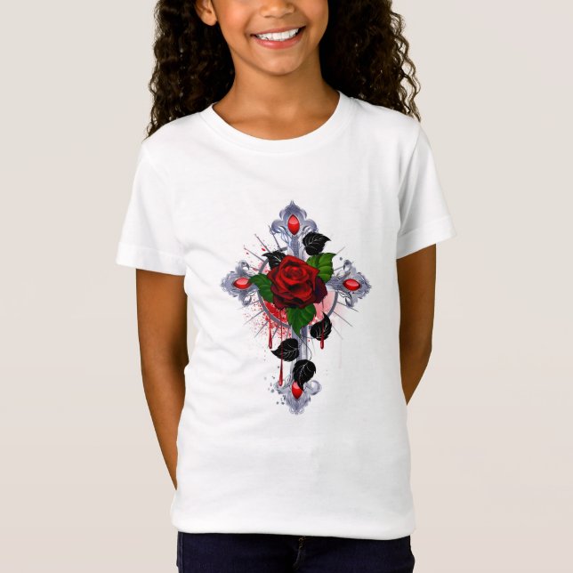 Silver Cross with a Red Rose T-Shirt (Front)