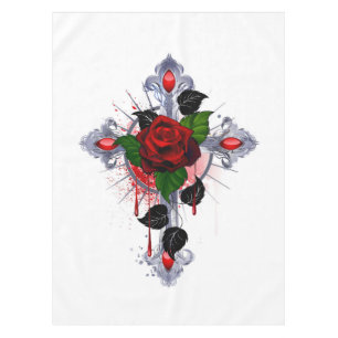 Silver Cross with a Red Rose Tablecloth