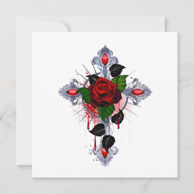 Silver Cross with a Red Rose Thank You Card (Front)