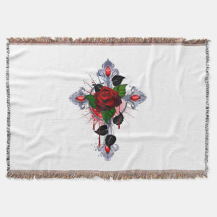 Silver Cross with a Red Rose Throw Blanket