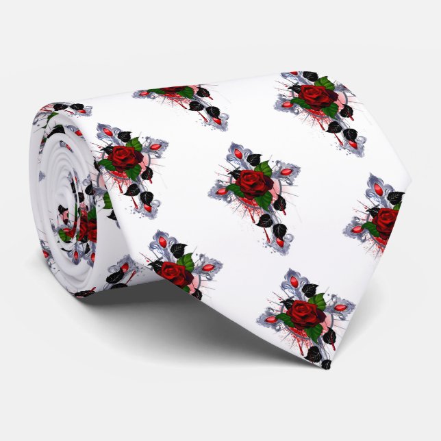 Silver Cross with a Red Rose Tie (Rolled)