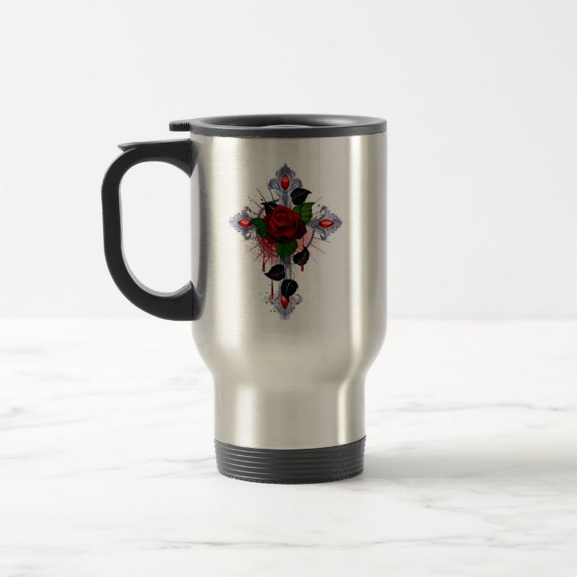 Silver Cross with a Red Rose Travel Mug (Left)