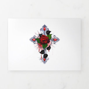 Silver Cross with a Red Rose Tri-Fold Card