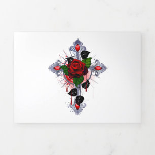 Silver Cross with a Red Rose Tri-Fold Holiday Card