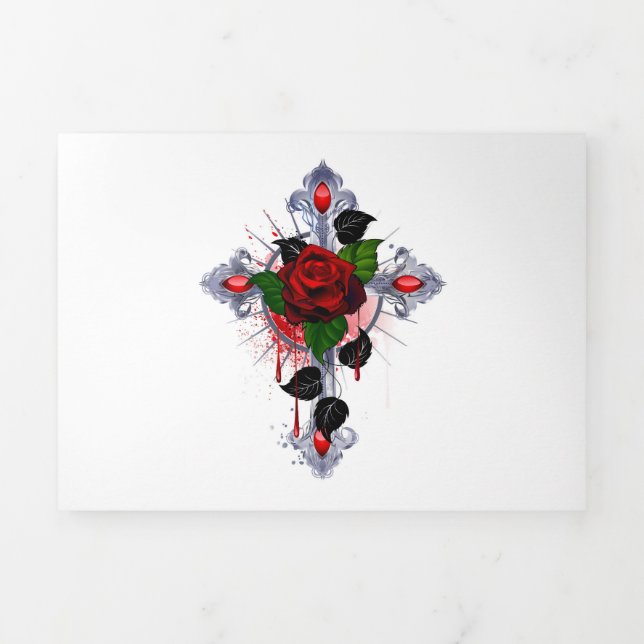 Silver Cross with a Red Rose Tri-Fold Holiday Card (Cover)