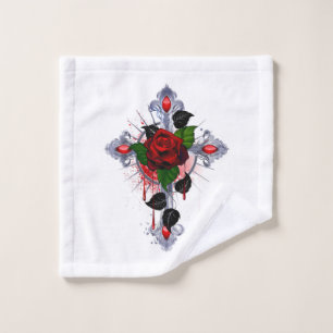 Silver Cross with a Red Rose Wash Cloth