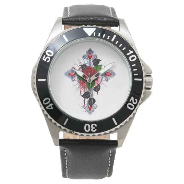 Silver Cross with a Red Rose Watch (Front)