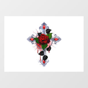 Silver Cross with a Red Rose Window Cling