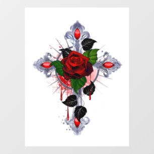 Silver Cross with a Red Rose Window Cling