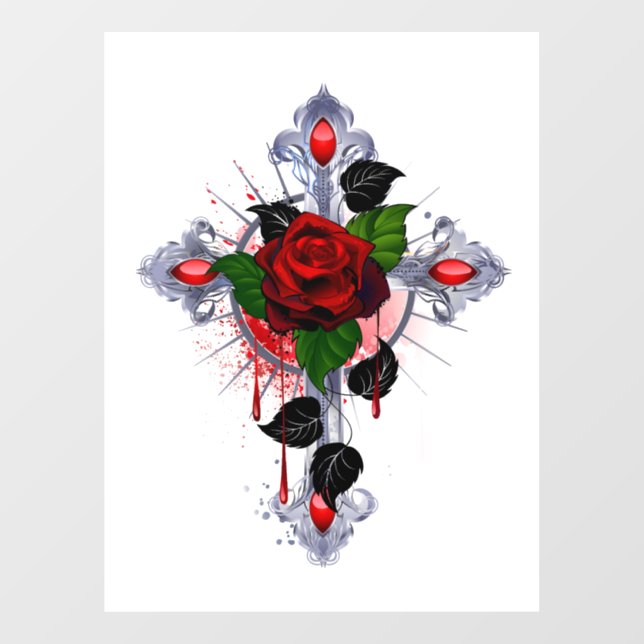 Silver Cross with a Red Rose Window Cling (Sheet)