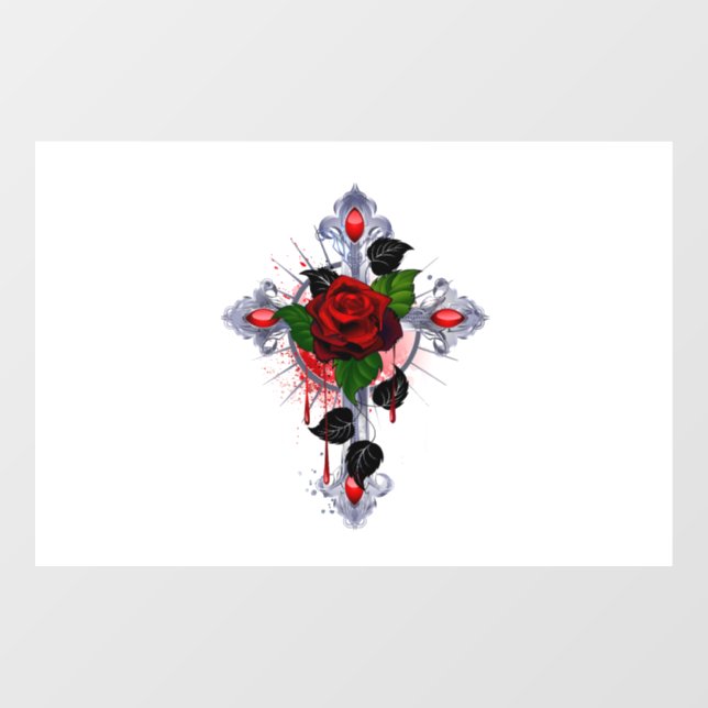 Silver Cross with a Red Rose Window Cling (Sheet)