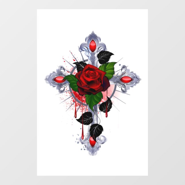 Silver Cross with a Red Rose Window Cling (Sheet)