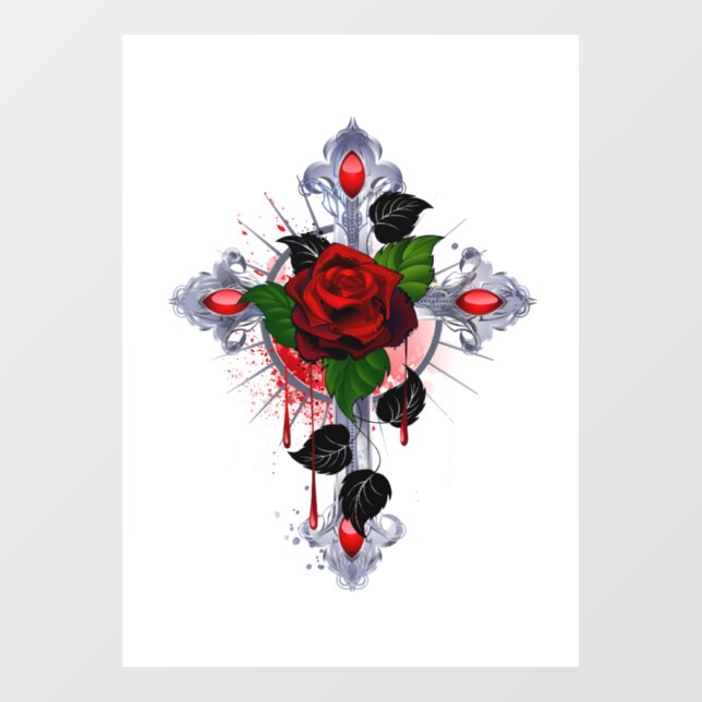 Silver Cross with a Red Rose Window Cling (Sheet)