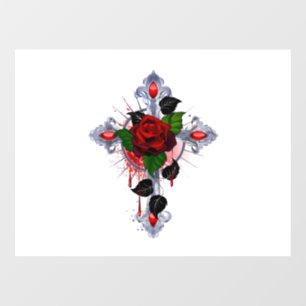 Silver Cross with a Red Rose Window Cling