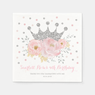 Silver Crown Blush Pink Floral Princess Birthday Napkin