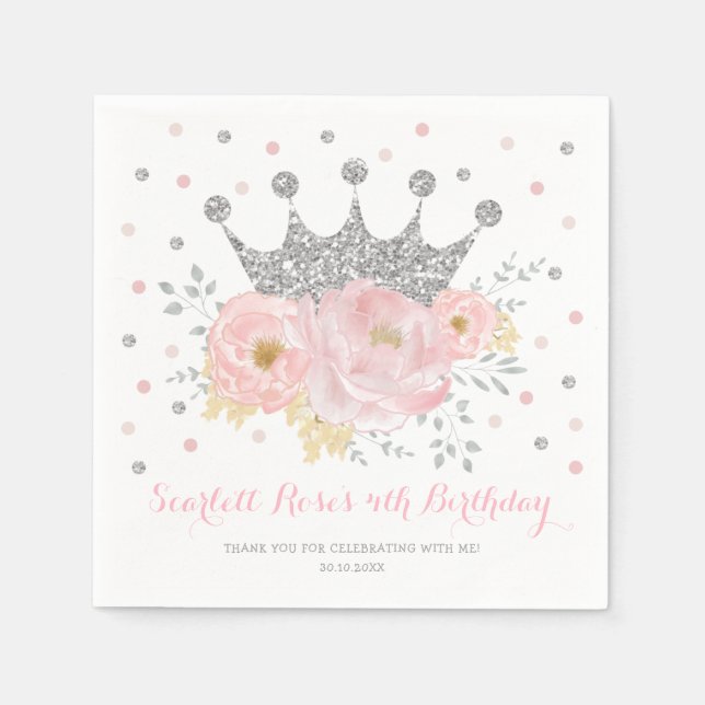 Silver Crown Blush Pink Floral Princess Birthday Napkin (Front)
