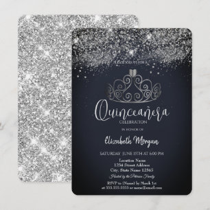 Silver Crown Confetti Dark Blue Quinceañera Invitation
