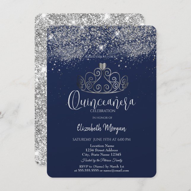 Silver Crown Glitter Confetti  Blue Quinceañera   Invitation (Front/Back)