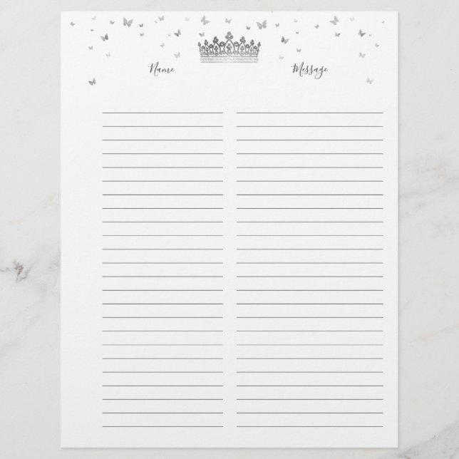 Silver Crown Lined Paper Guest Book Filler Pages (Front)