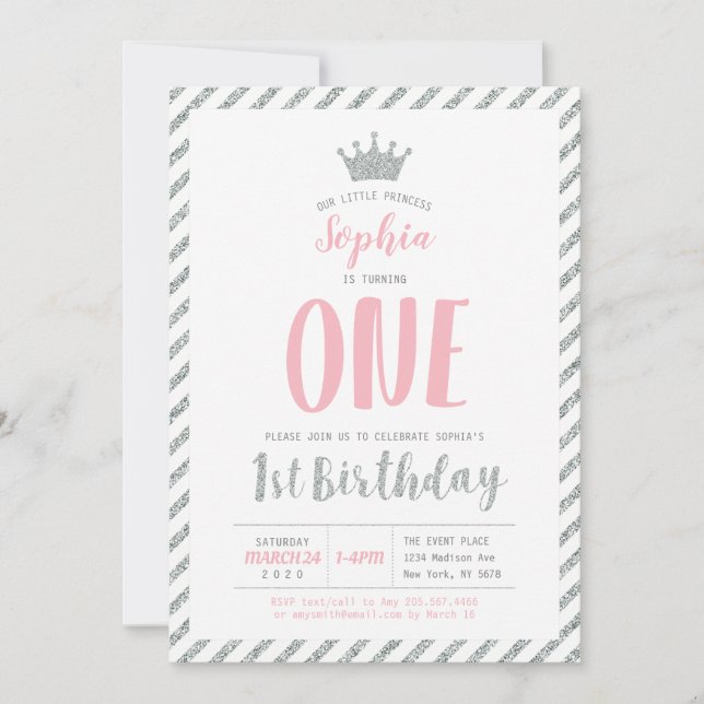 Silver Crown Princess 1st Birthday Invitation (Front)